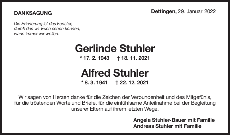 Danksagung Alfred u. Gerlinde Stuhler <br><p style=