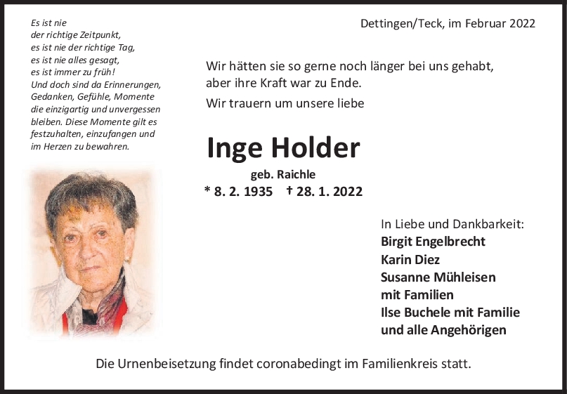 Trauer Inge Holder 05/02/2022