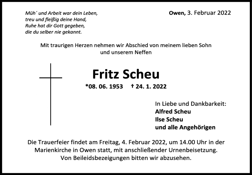 Trauer Fritz Scheu 03/02/2022