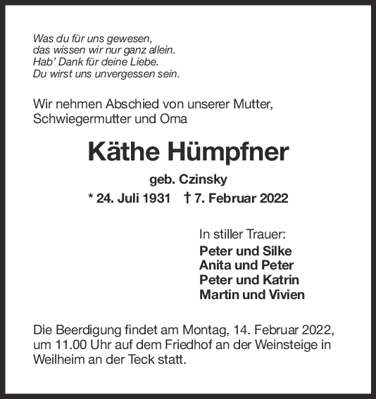 Trauer Käthe Hümpfner 10/02/2022