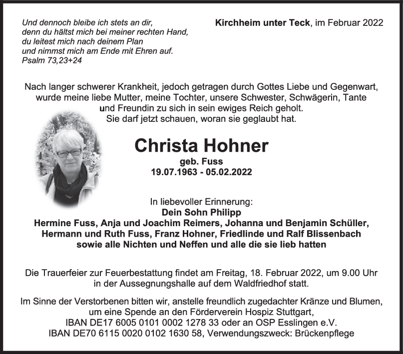 Trauer Christa Hohner <br><p style=