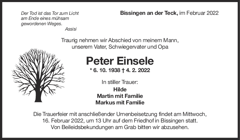 Trauer Peter Einsele <br><p style=