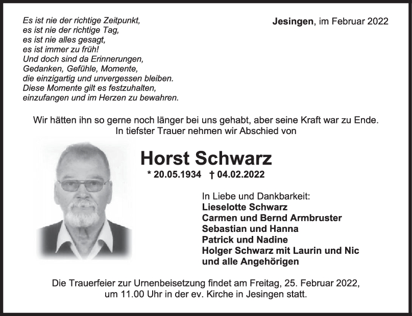 Trauer Horst Schwarz <br><p style=