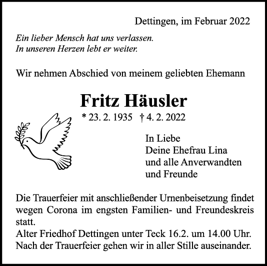 Trauer Fritz Häusler 14/02/2022
