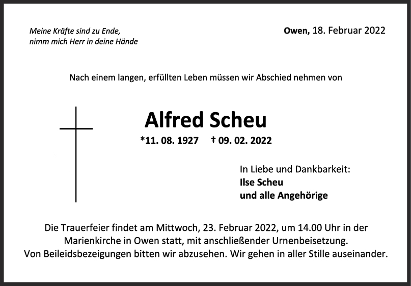 Trauer Alfred Scheu 18/02/2022