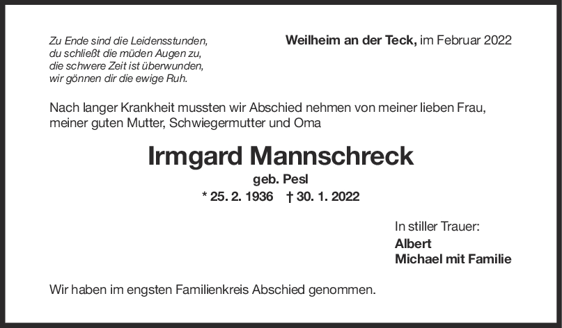 Trauer Irmgard Mannschreck 19/02/2022