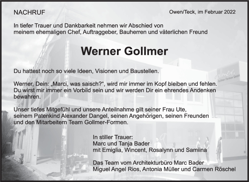 Nachruf Werner Gollmer <br><p style=