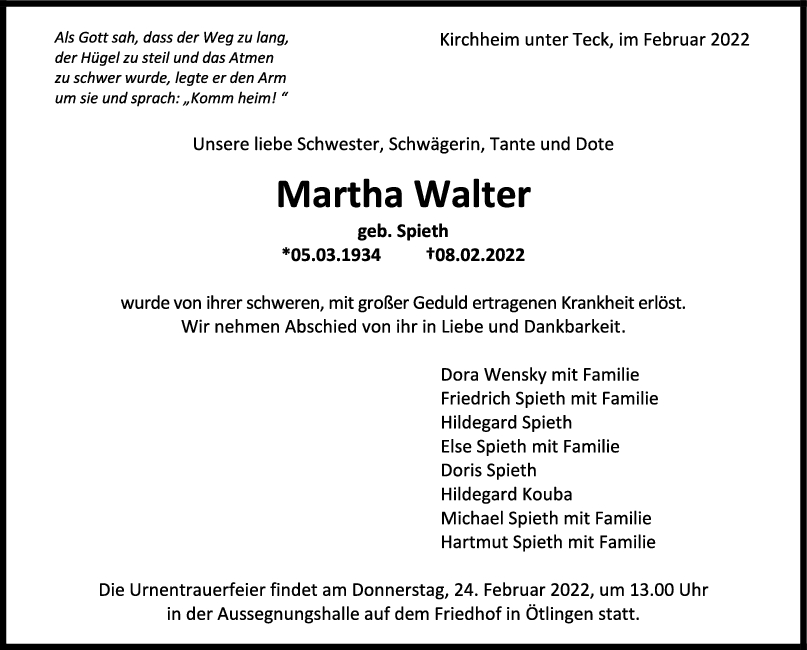 Trauer Martha Walter 19/02/2022