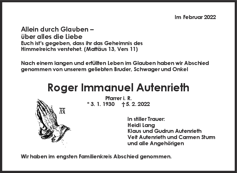 Trauer Roger Immanuel Autenrieth 19/02/2022