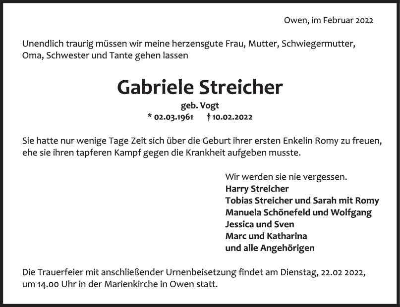 Trauer Gabriele Streicher <br><p style=