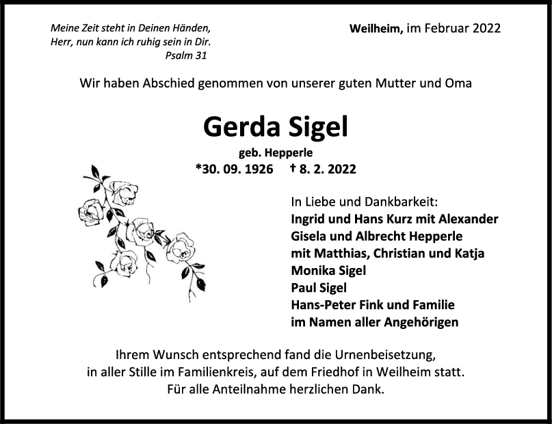 Trauer Gerda Sigel <br><p style=