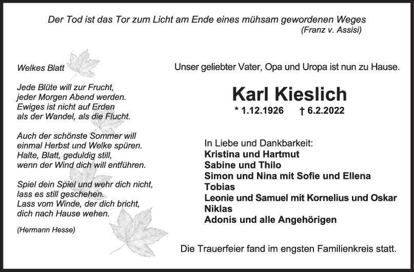 Trauer Karl Kieslich 19/02/2022