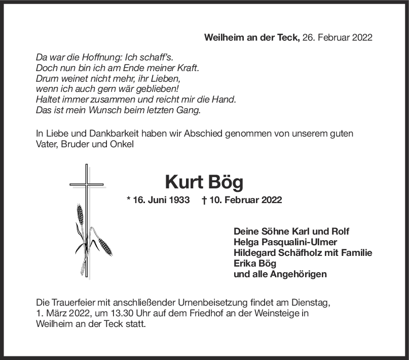 Trauer Kurt Bög <br><p style=