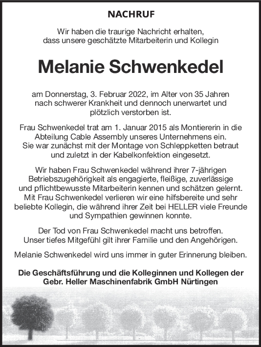 Nachruf Melanie Schwenkedel <br><p style=