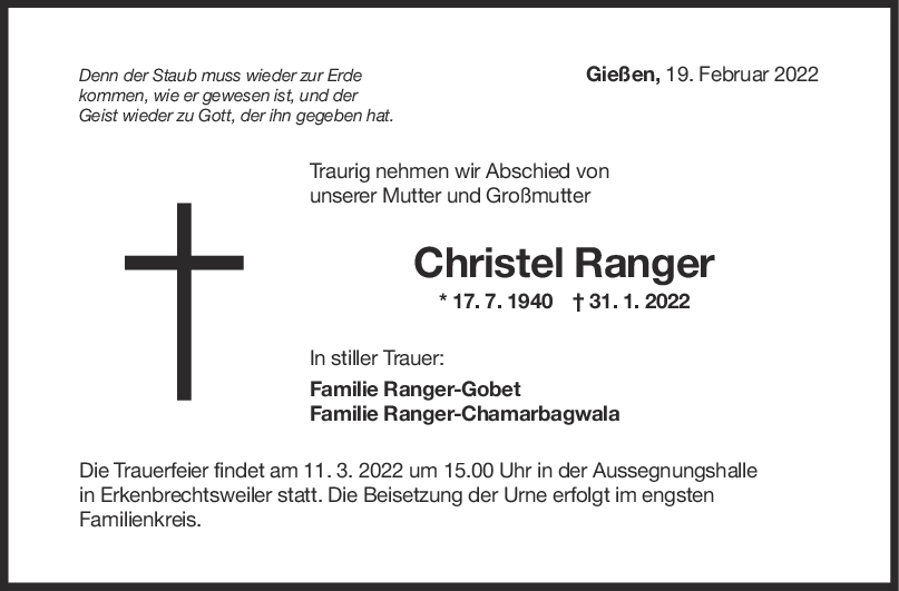 Trauer Christel Ranger 25/02/2022