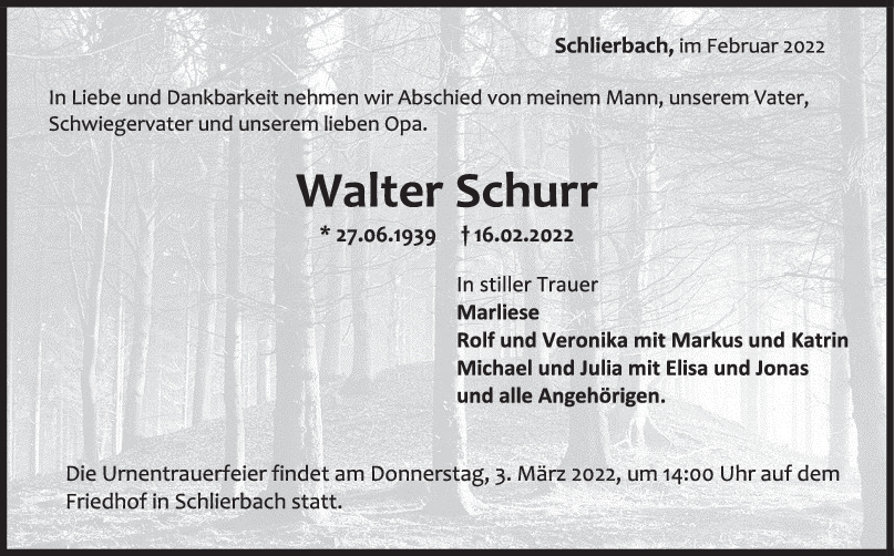 Trauer Walter Schurr 26/02/2022