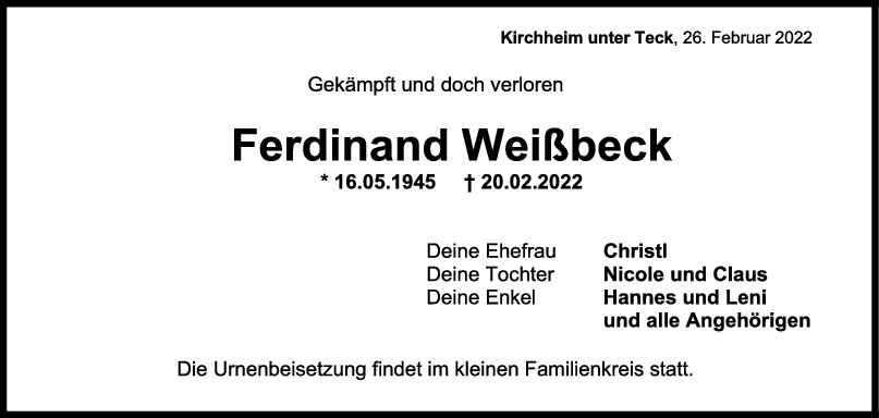 Trauer Ferdinand Weißbeck <br><p style=