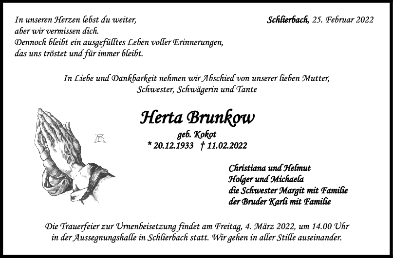 Trauer Herta Brunkow <br><p style=