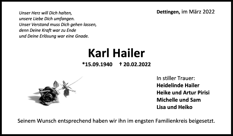 Trauer Karl Hailer 11/03/2022