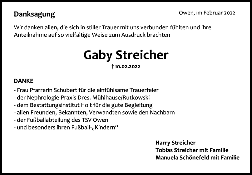Danksagung Gabriele Streicher <br><p style=