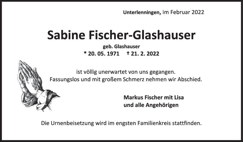 Trauer Sabine Fischer-Glashauser <br><p style=