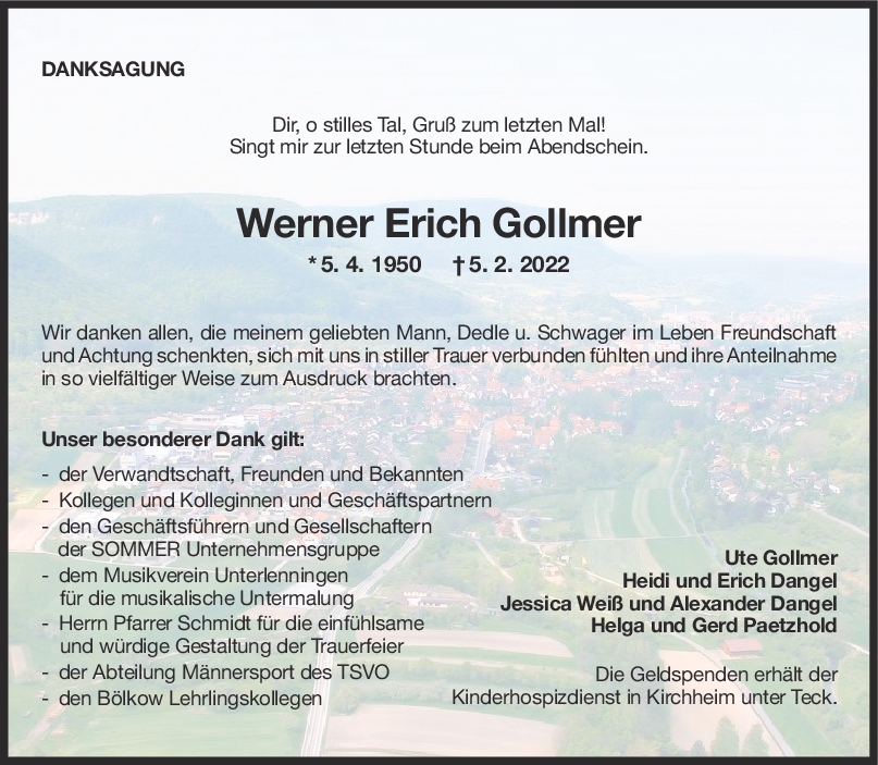 Danksagung Werner Gollmer <br><p style=