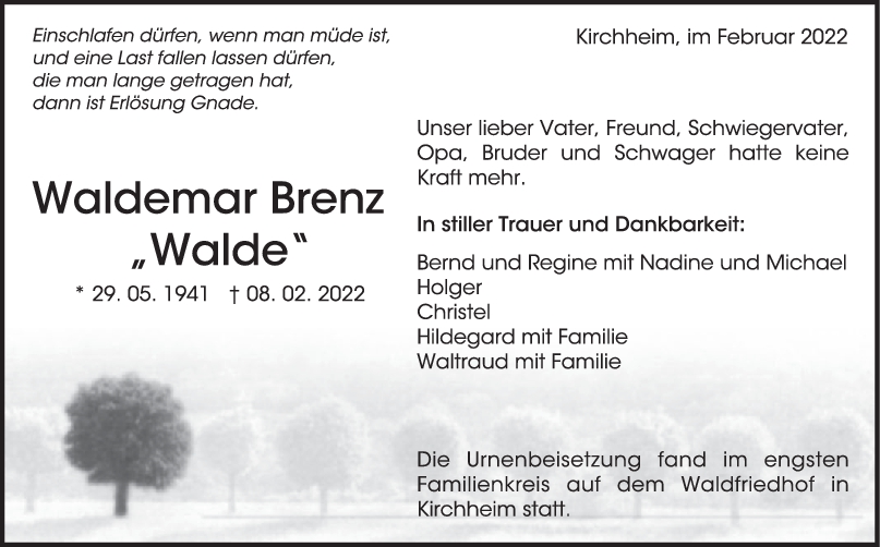 Trauer Waldemar Brenz <br><p style=