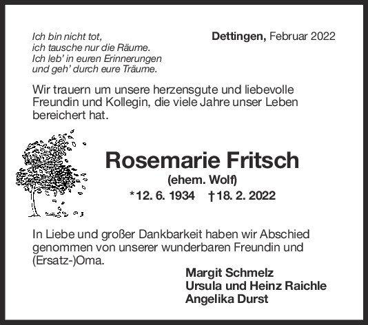 Nachruf Rosemarie Fritsch <br><p style=