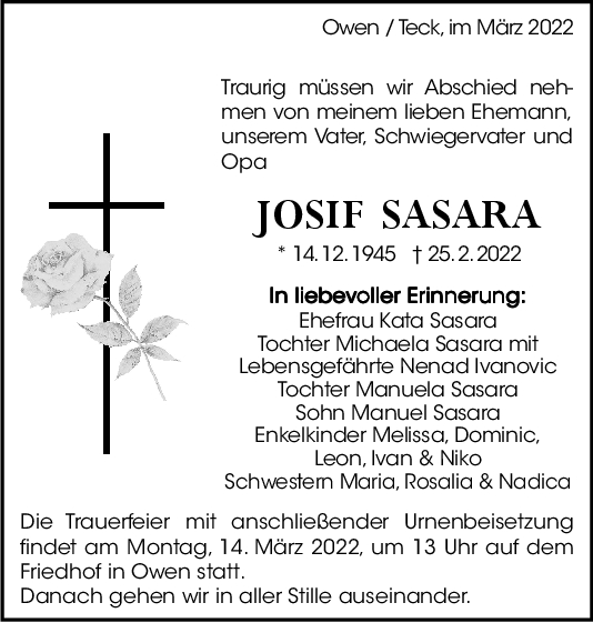 Trauer Josif Sasara 09/03/2022