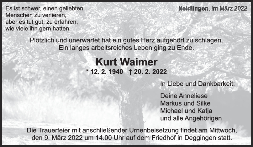 Trauer Kurt Waimer 07/03/2022