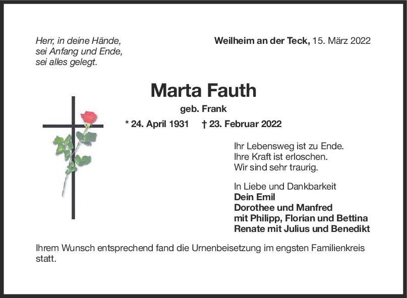 Trauer Marta Fauth <br><p style=