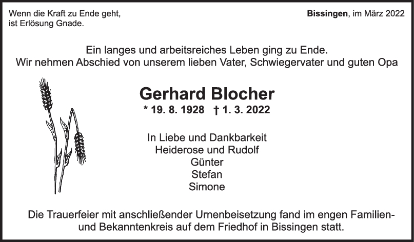 Trauer Gerhard Blocher <br><p style=