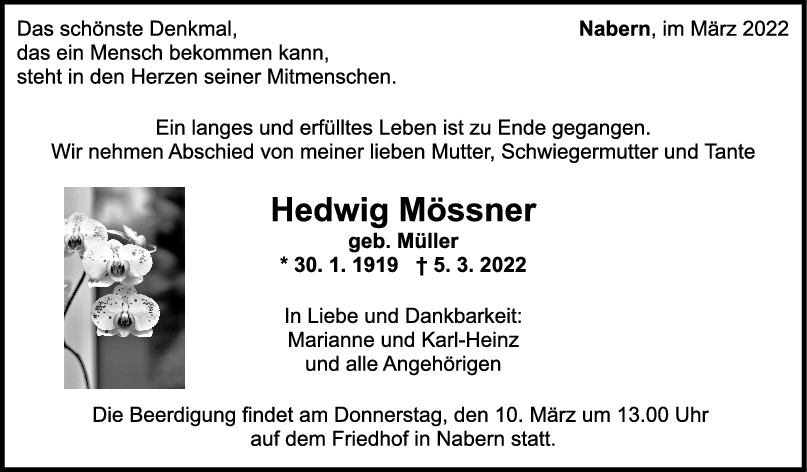 Trauer Hedwig Mössner 09/03/2022