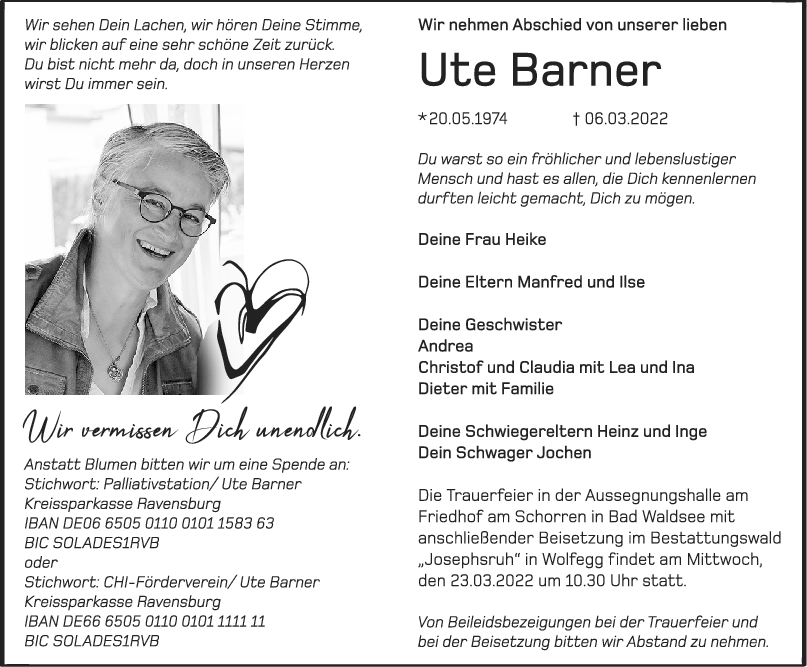 Trauer Ute Barner 12/03/2022