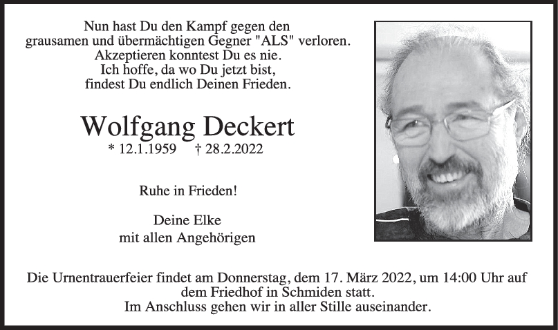 Trauer Wolfgang Deckert 12/03/2022