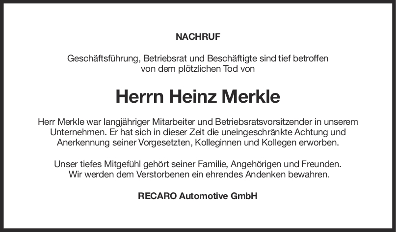 Nachruf Heinz Merkle <br><p style=