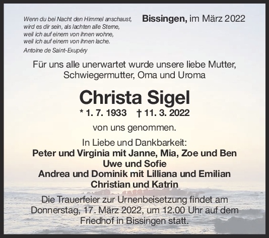Trauer Christa Sigel <br><p style=