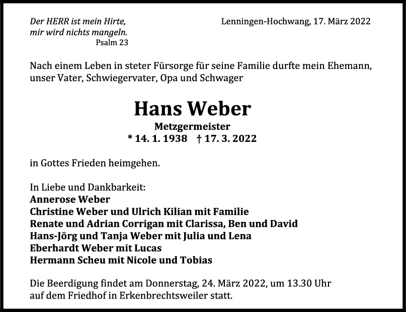 Trauer Hans Weber 19/03/2022