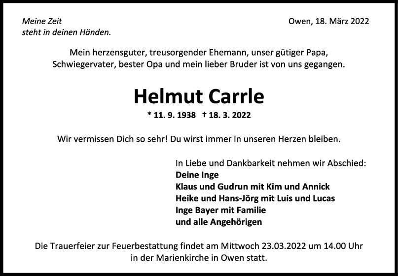 Trauer Helmut Carrle <br><p style=