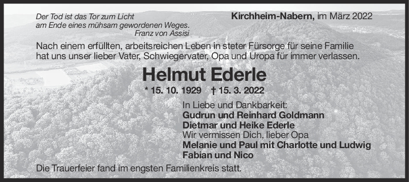 Trauer Helmut Ederle 26/03/2022
