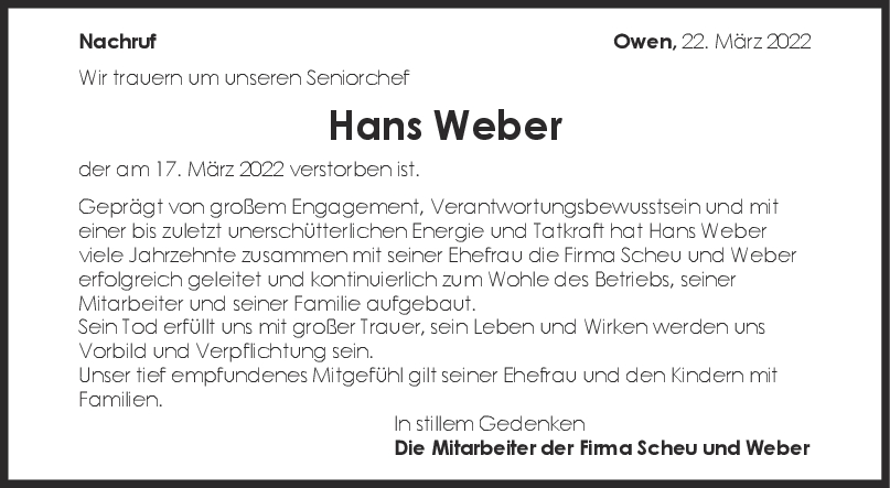 Nachruf Hans Weber 22/03/2022