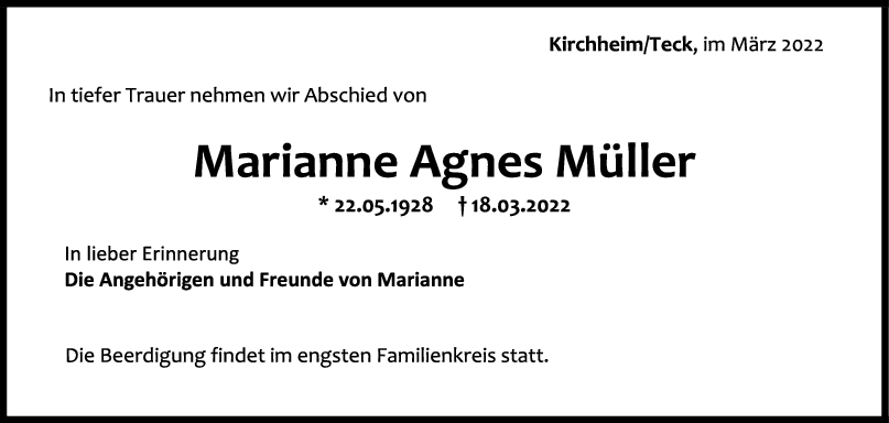 Trauer Marianne Agnes Müller <br><p style=