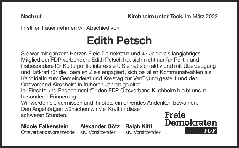 Nachruf Edith Petsch <br><p style=