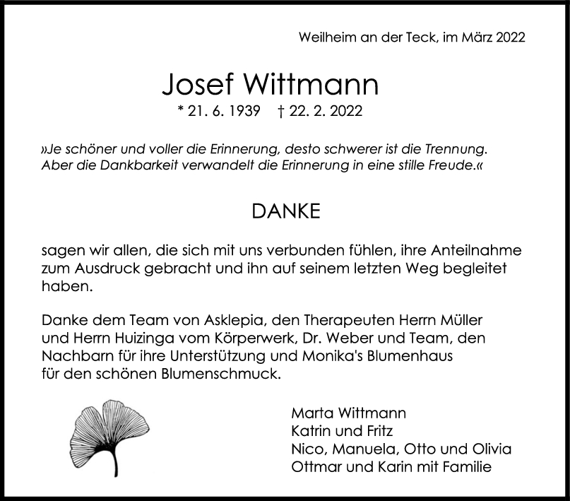 Danksagung Josef Wittmann <br><p style=