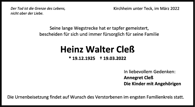 Trauer Heinz Walter Cleß 26/03/2022