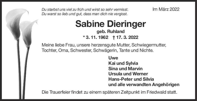 Trauer Sabine Dieringer 26/03/2022