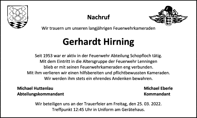 Nachruf Gerhardt Hirning <br><p style=
