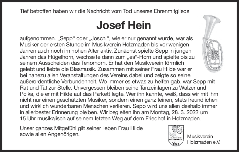 Nachruf Josef Hein <br><p style=