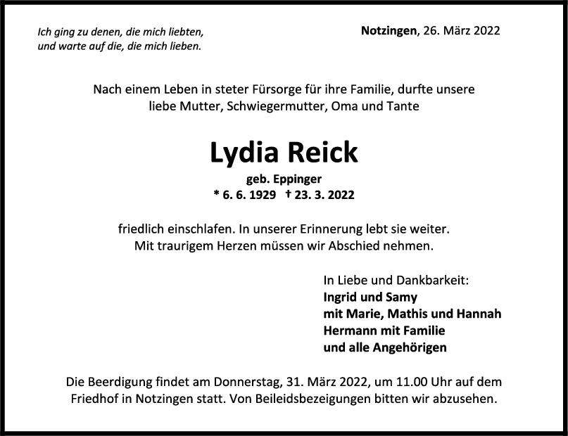 Trauer Lydia Reick 26/03/2022
