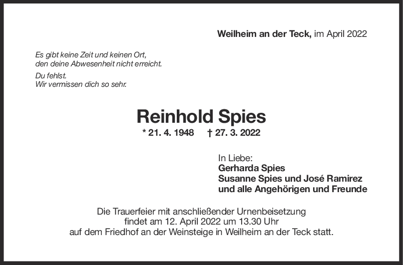Trauer Reinhold Spies <br><p style=